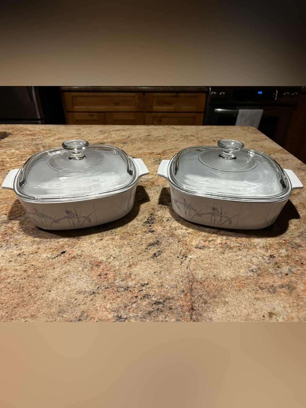 CorningWare “Shadow Iris” #A-2-B 2QT 8”x8” Casserole Set of 2 w/Pyrex Lids (2)